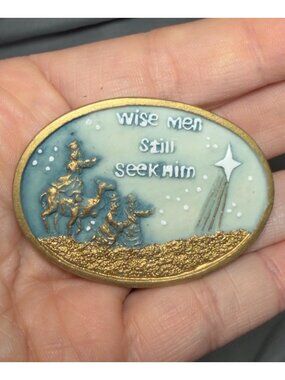 Vintage Wise Men Still Seek Him Brooch Nativity Scene Gold Tone 2" Oval
